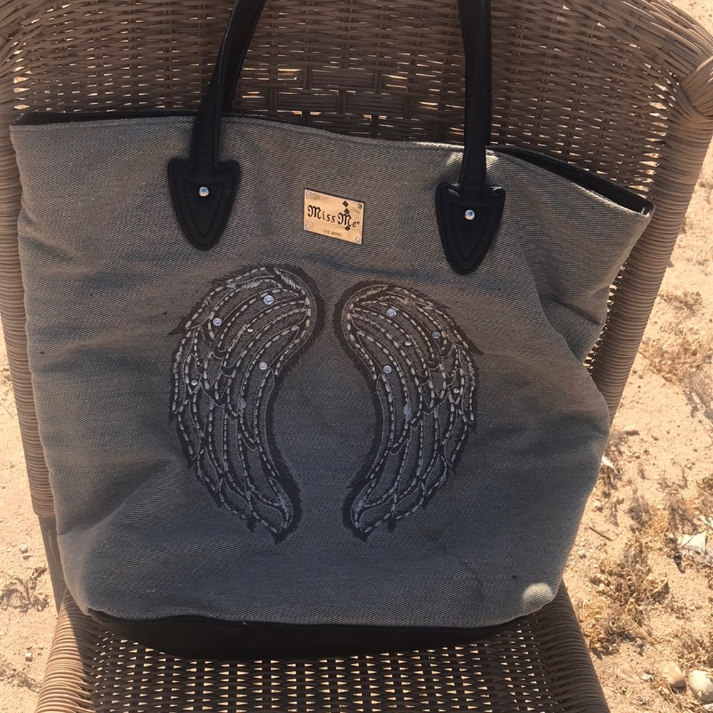 Miss Me Gray Wing Embroidered Tote Bag - Picture 1 of 6